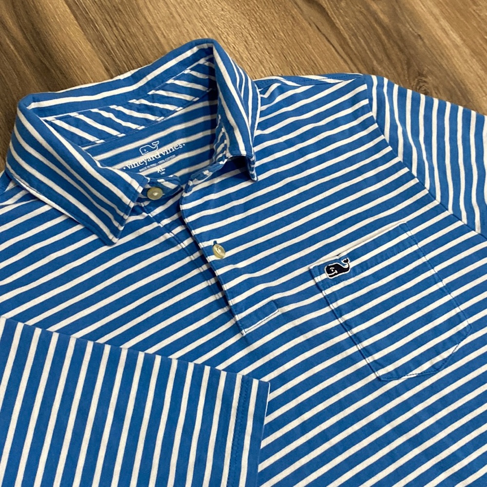 Vineyard Vines Boys XL Blue/White Striped Cotton Polo Short Sleeve Shirt